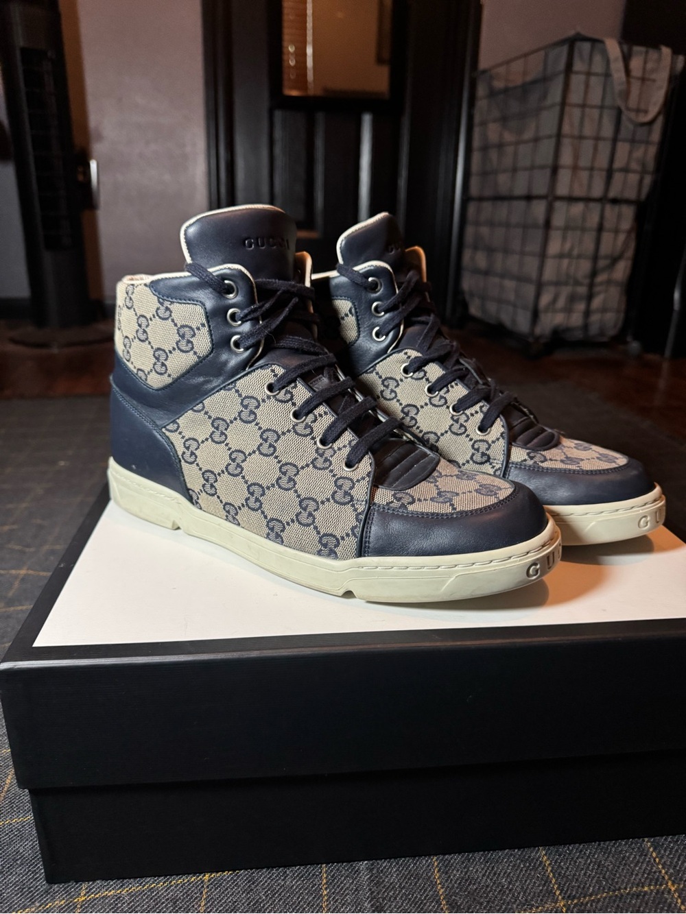 Men’s Gucci Navy and Beige GG Canvas High-Top Sneakers